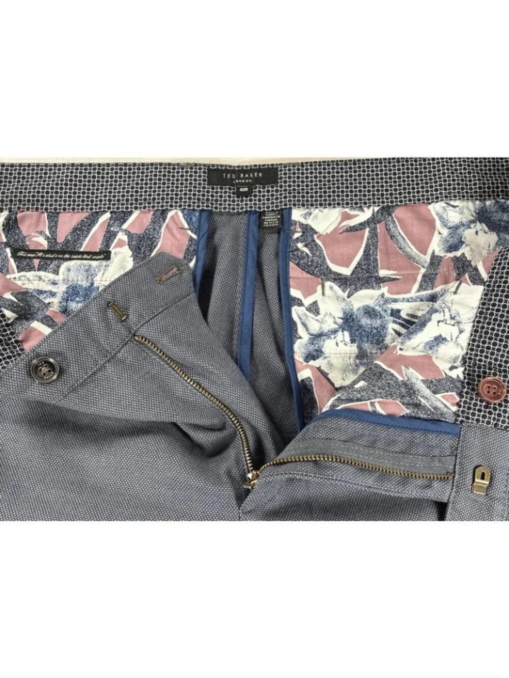 Ted Baker London Mens 40R Dress Pants Slacks Charcoal Gray Textured Floral Trim